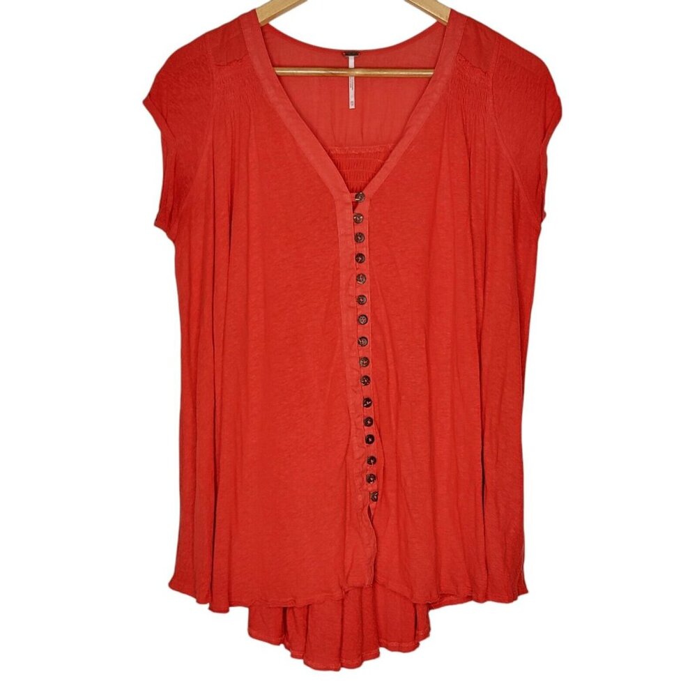 Free People XS‎ Highland Linen Blend Red Button Front Tee Women's Top